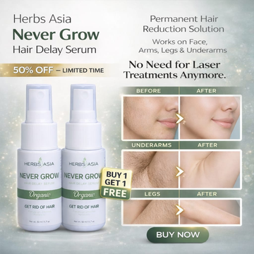 Herbs Asia Never Grow Hair Delay Serum | Natural Permanent Hair Reduction Solution for Face, Underarms & Legs | Slows Regrowth, Painless & Organic